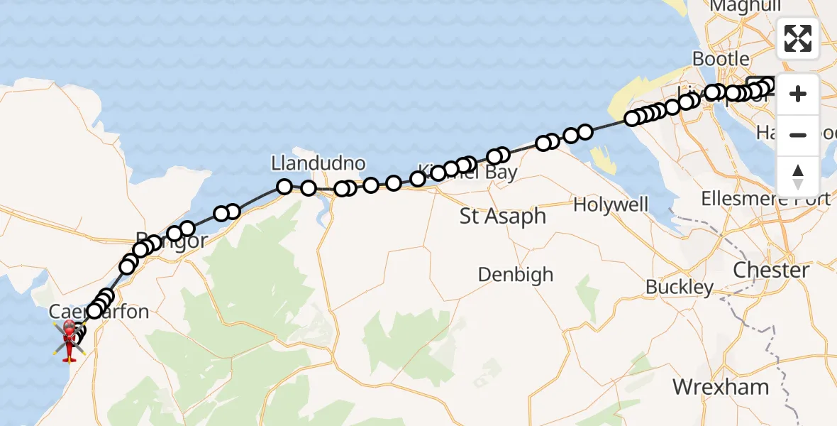 Flight route Air Ambulance Helicopter Knotty Ash - Caernarfon Airport, 20 April 2026, 14:33