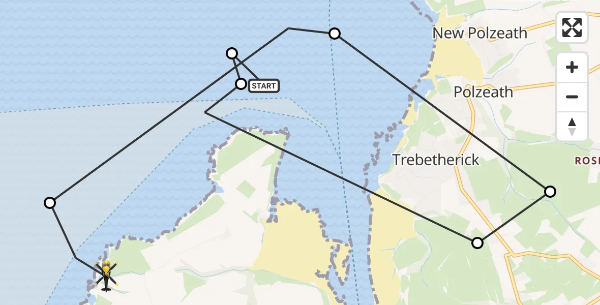 Flight path map showing Police Helicopter route from Padstow to Padstow