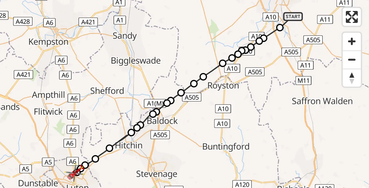 Flight path map showing Air Ambulance Helicopter route from Great Shelford to Luton