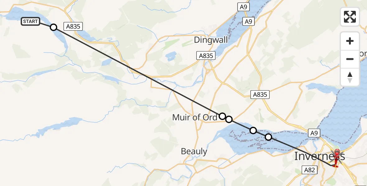 Flight path map showing Air Ambulance Helicopter route from Highland to Inverness