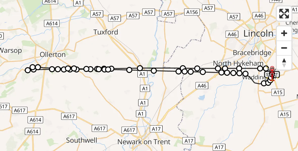 Flight route Air Ambulance Helicopter RAF Waddington - North Kesteven, 20 April 2026, 15:00