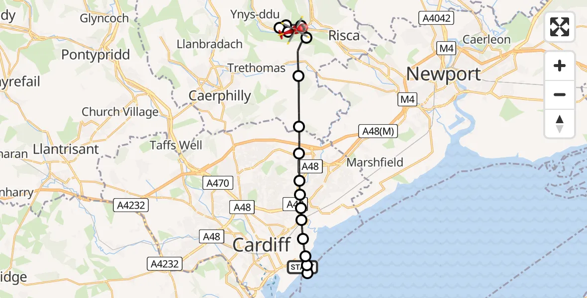 Flight path map showing Air Ambulance Helicopter route from Cardiff Heliport to Wattsville