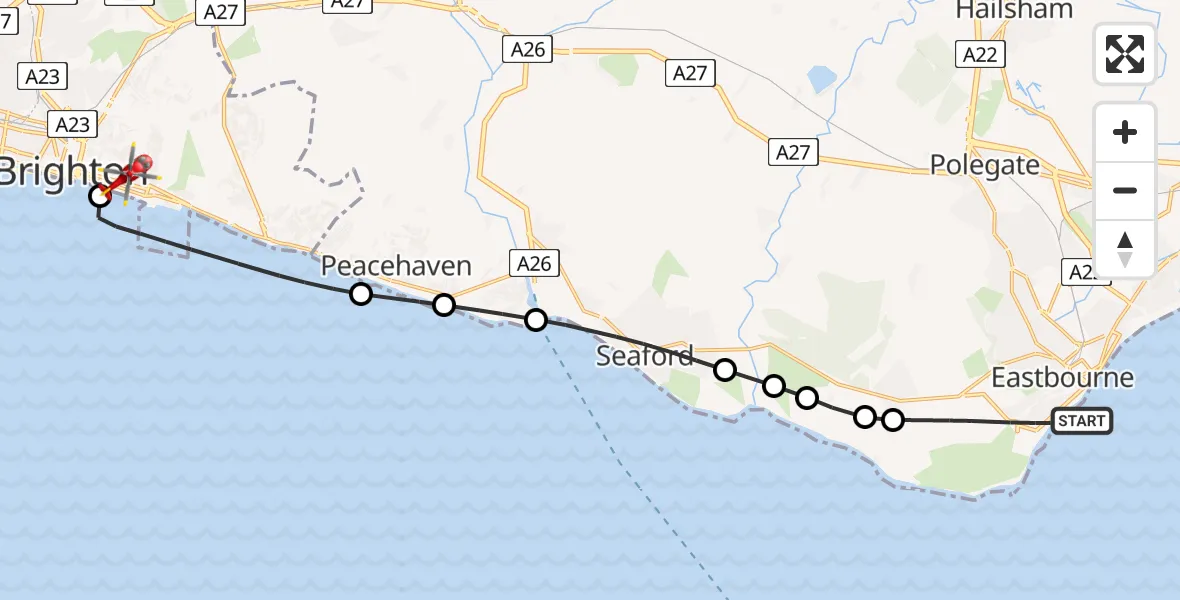 Flight path map showing Air Ambulance Helicopter route from Eastbourne to Brighton