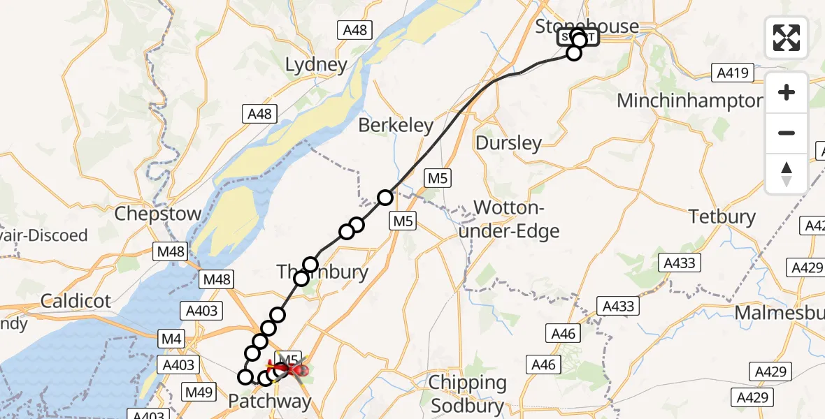 Flight route Air Ambulance Helicopter Stonehouse - Almondsbury Helicopter Base, 20 April 2026, 15:10