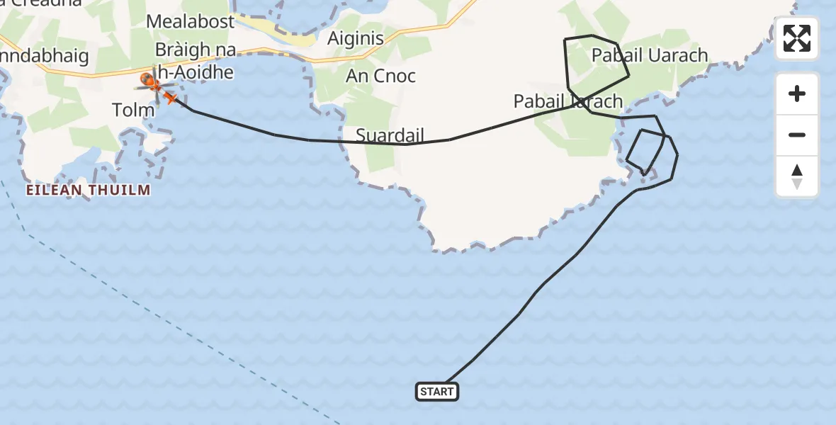 Flight path map showing Coastguard Helicopter route from Inner Seas to Tolm
