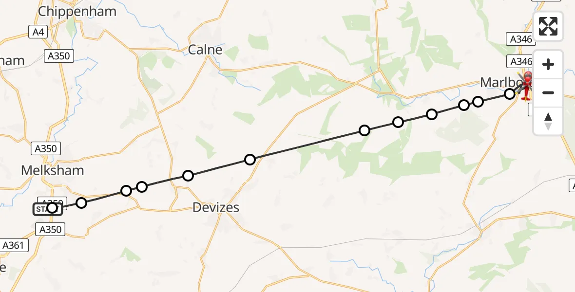 Flight path map showing Air Ambulance Helicopter route from Wiltshire Air Ambulance to Marlborough
