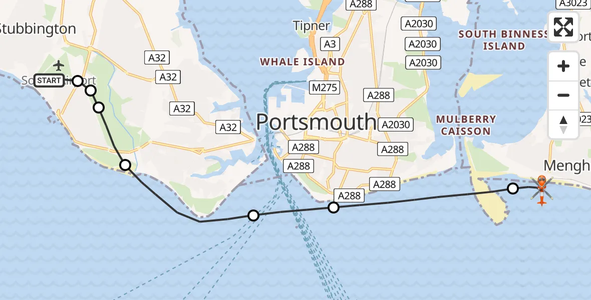 Flight path map showing Coastguard Helicopter route from Solent Airport to Havant