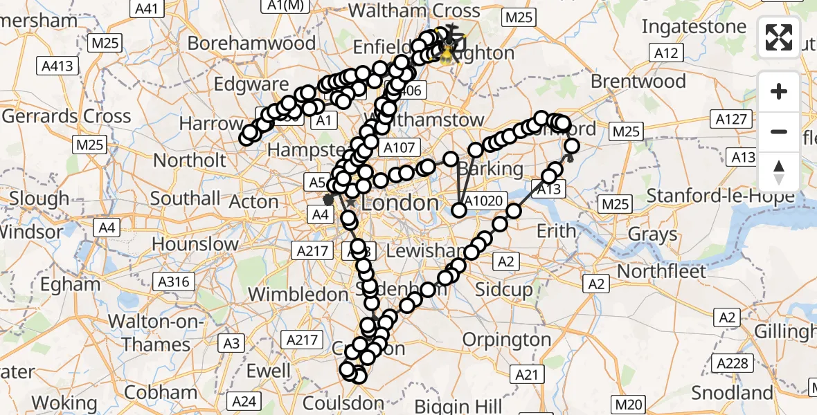 Flight route Police Helicopter Metropolitan Police Air Support Unit Lippitts Hill - Metropolitan Police Air Support Unit Lippitts Hill, 20 April 2026, 15:25