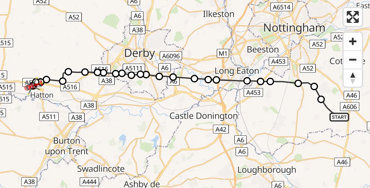 Flight path map showing Air Ambulance Helicopter route from Widmerpool to Scropton