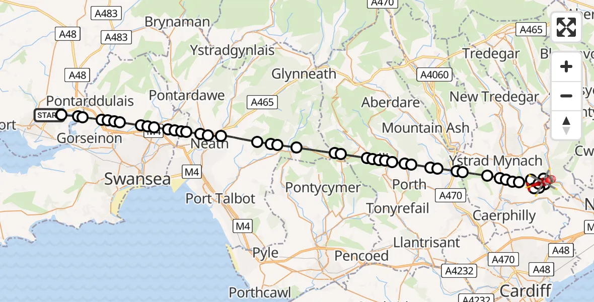 Flight path map showing Air Ambulance Helicopter route from Dafen to Wattsville