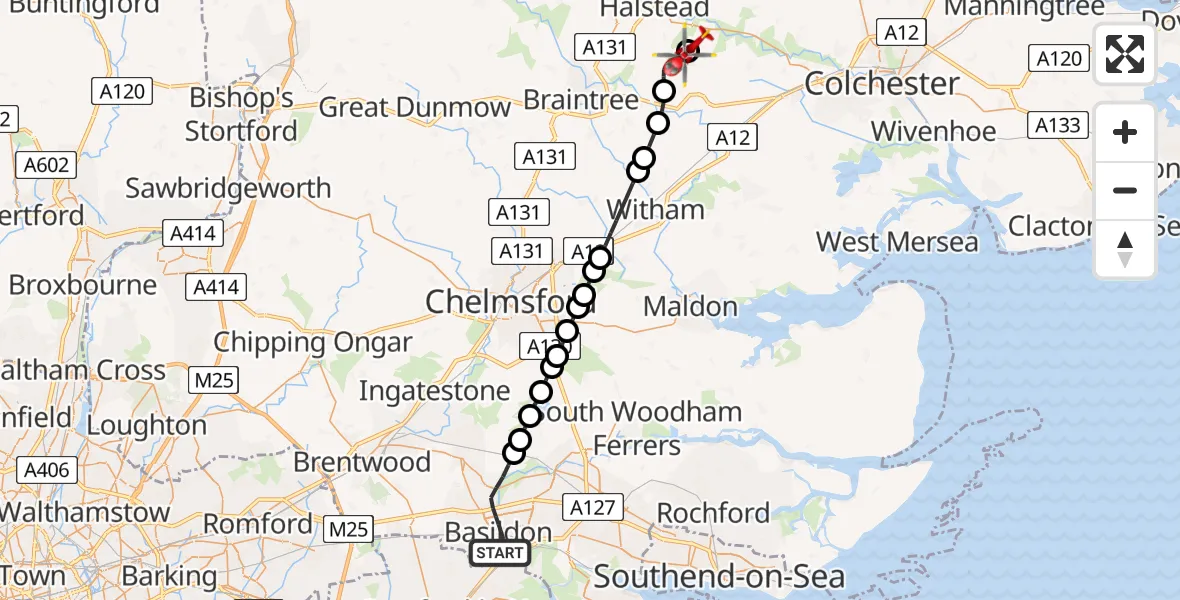 Flight path map showing Air Ambulance Helicopter route from Basildon to Earls Colne Airfield