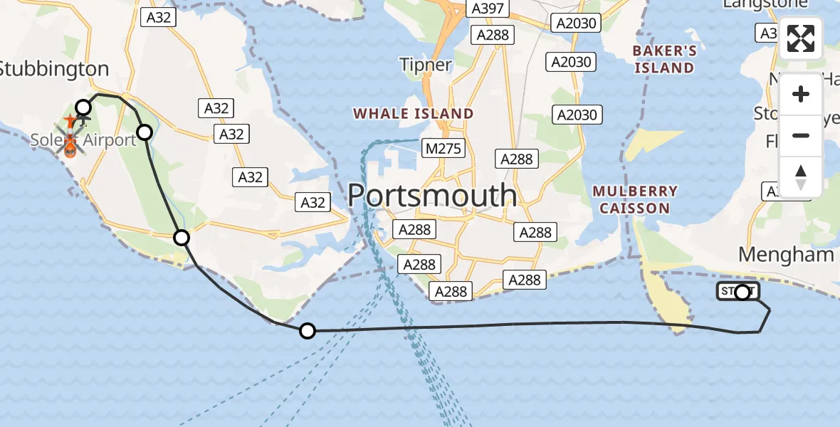 Flight path map showing Coastguard Helicopter route from Havant to Solent Airport