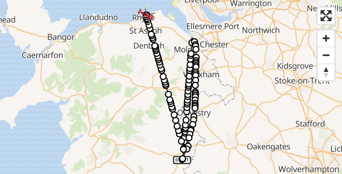 Flight path map showing Air Ambulance Helicopter route from Welshpool Airport to Prestatyn