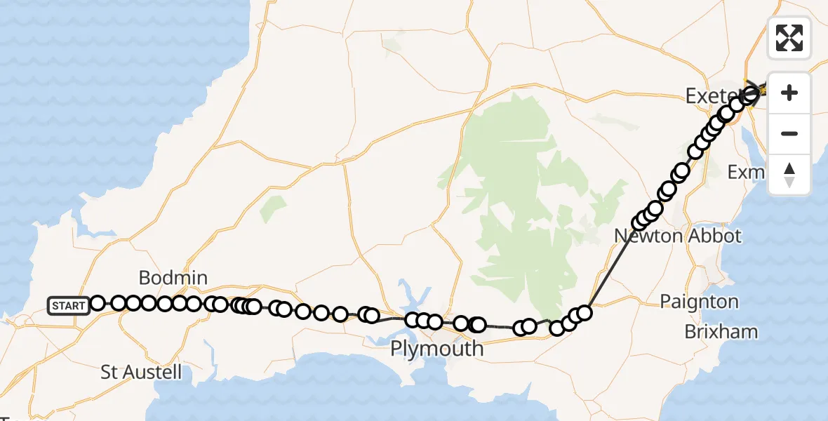 Flight route Police Helicopter St. Columb Major - Clyst Honiton, 20 April 2026, 16:03