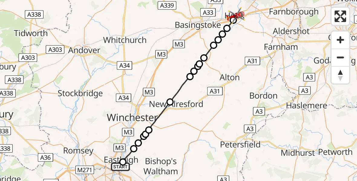 Flight path map showing Air Ambulance Helicopter route from Southampton Airport to Hook