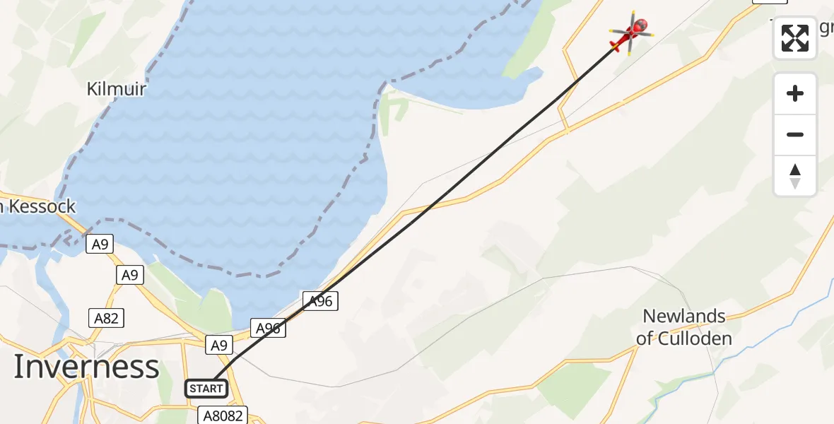 Flight path map showing Air Ambulance Helicopter route from Inverness to Inverness