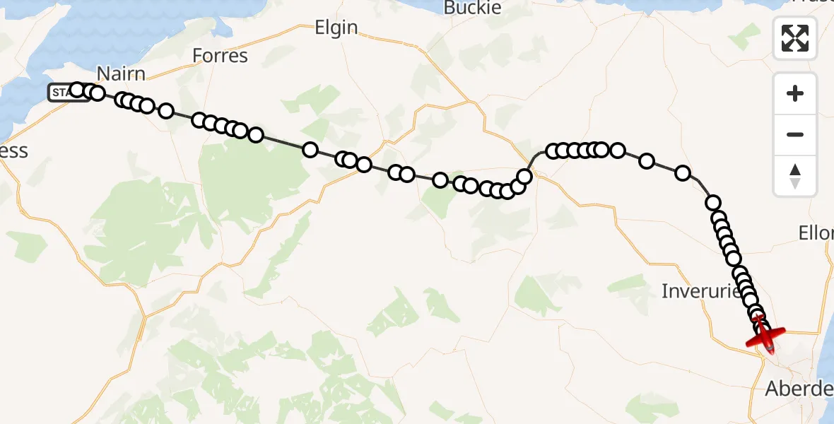 Flight path map showing Air Ambulance Aircraft route from Highland to Dyce and Stoneywood