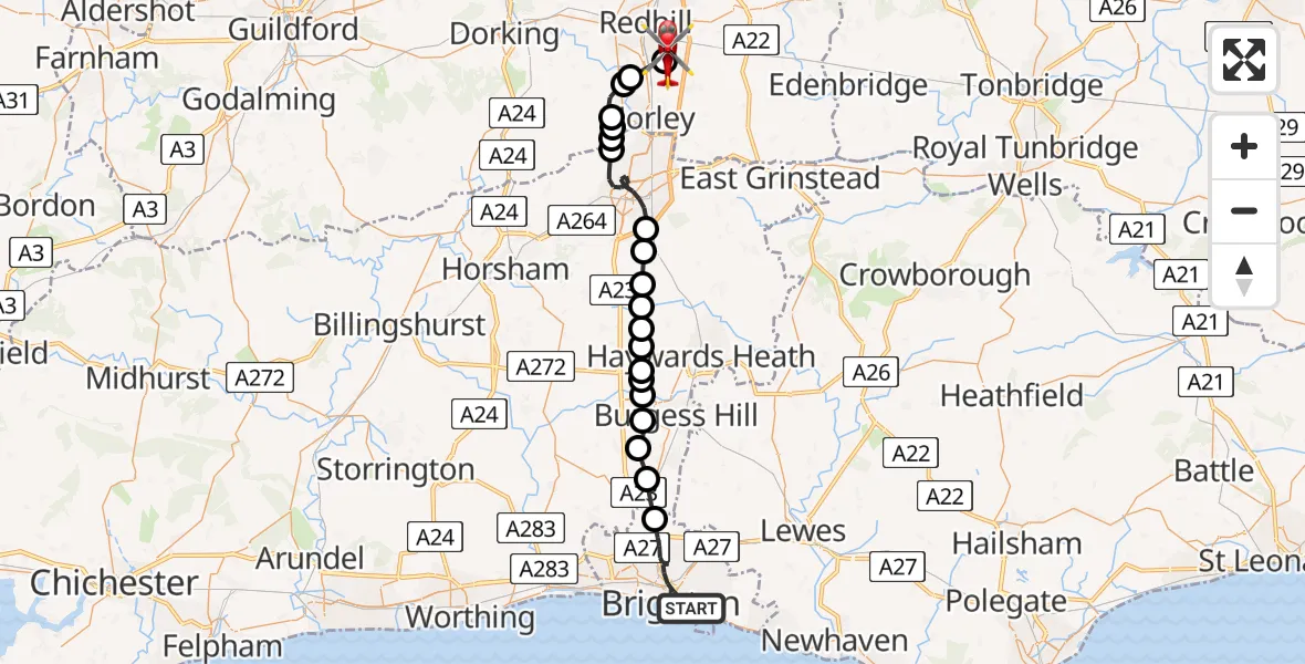 Flight path map showing Air Ambulance Helicopter route from Brighton to Redhill Aerodrome