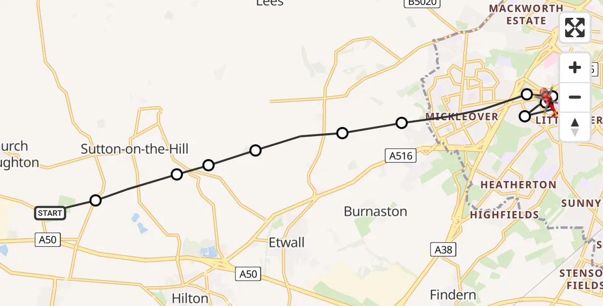 Flight route Air Ambulance Helicopter Church Broughton CP - Royal Derby Trauma Unit, 20 April 2026, 16:26