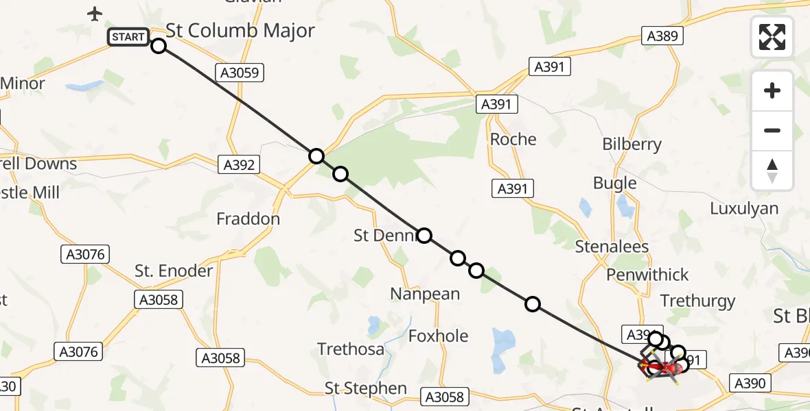 Flight route Air Ambulance Helicopter Cornwall Airport Newquay - St. Austell, 20 April 2026, 16:27