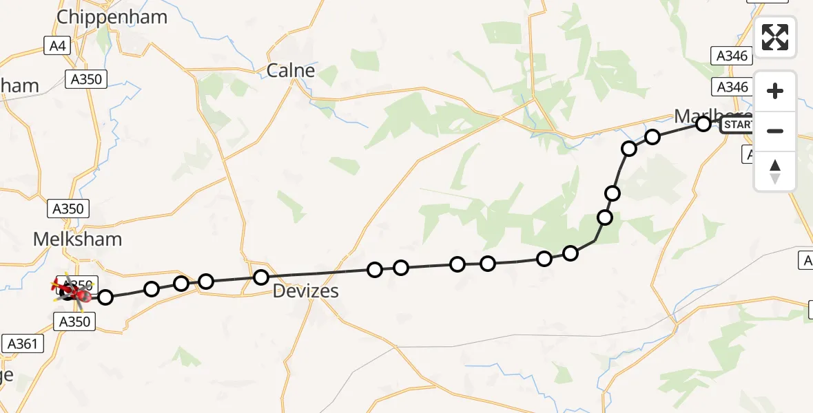 Flight path map showing Air Ambulance Helicopter route from Marlborough to Melksham