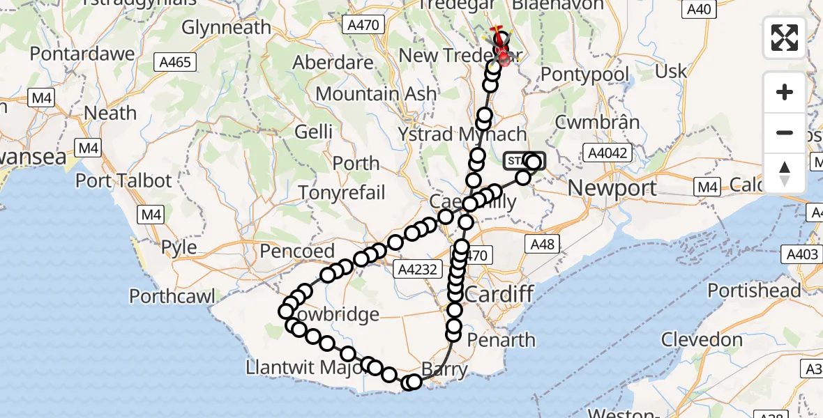 Flight route Air Ambulance Helicopter Pont-y-waun - Cwm, 20 April 2026, 16:37