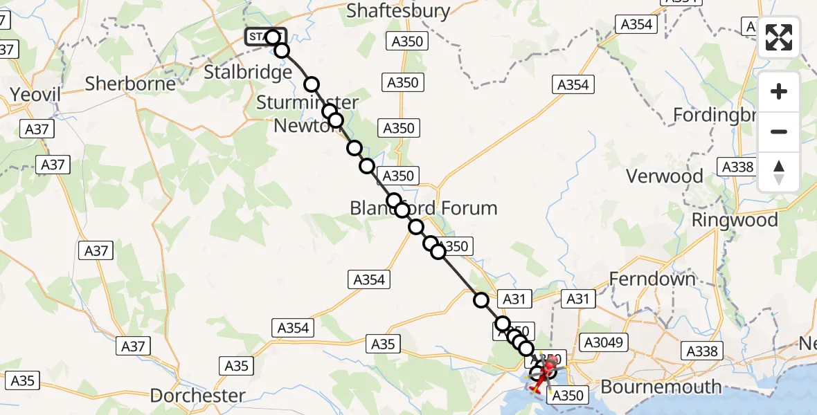 Flight path map showing Air Ambulance Helicopter route from Henstridge Airfield to Upton