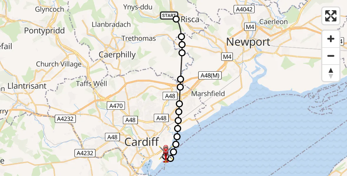 Flight route Air Ambulance Helicopter Pont-y-waun - Cardiff Heliport, 20 April 2026, 16:41