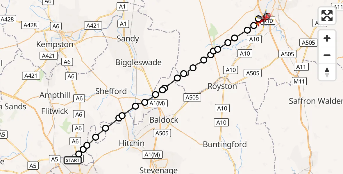 Flight route Air Ambulance Helicopter Bramingham Park - Hauxton, 20 April 2026, 16:49