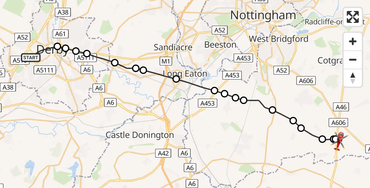 Flight path map showing Air Ambulance Helicopter route from Littleover to Nottingham Heliport
