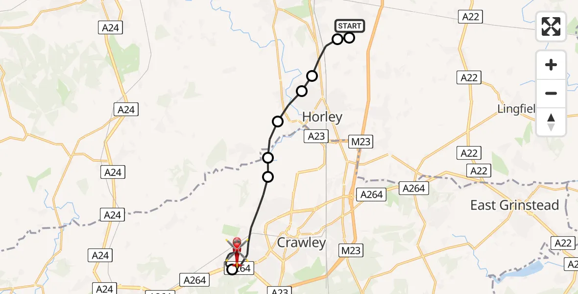 Flight path map showing Air Ambulance Helicopter route from Redhill Aerodrome to Horsham