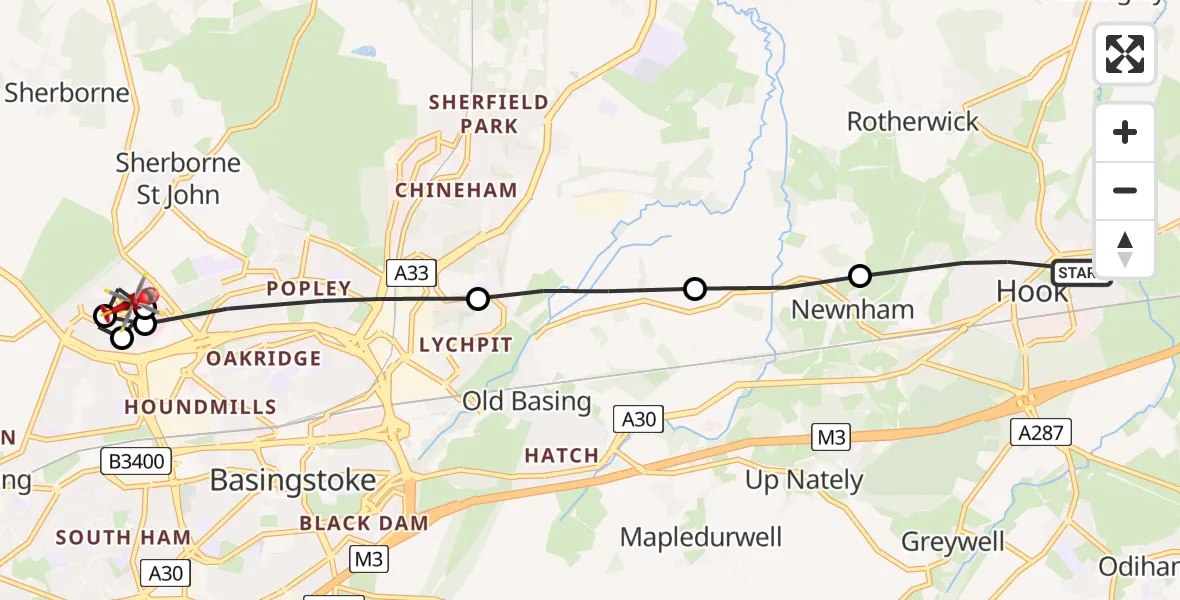 Flight path map showing Air Ambulance Helicopter route from Hook to Basingstoke