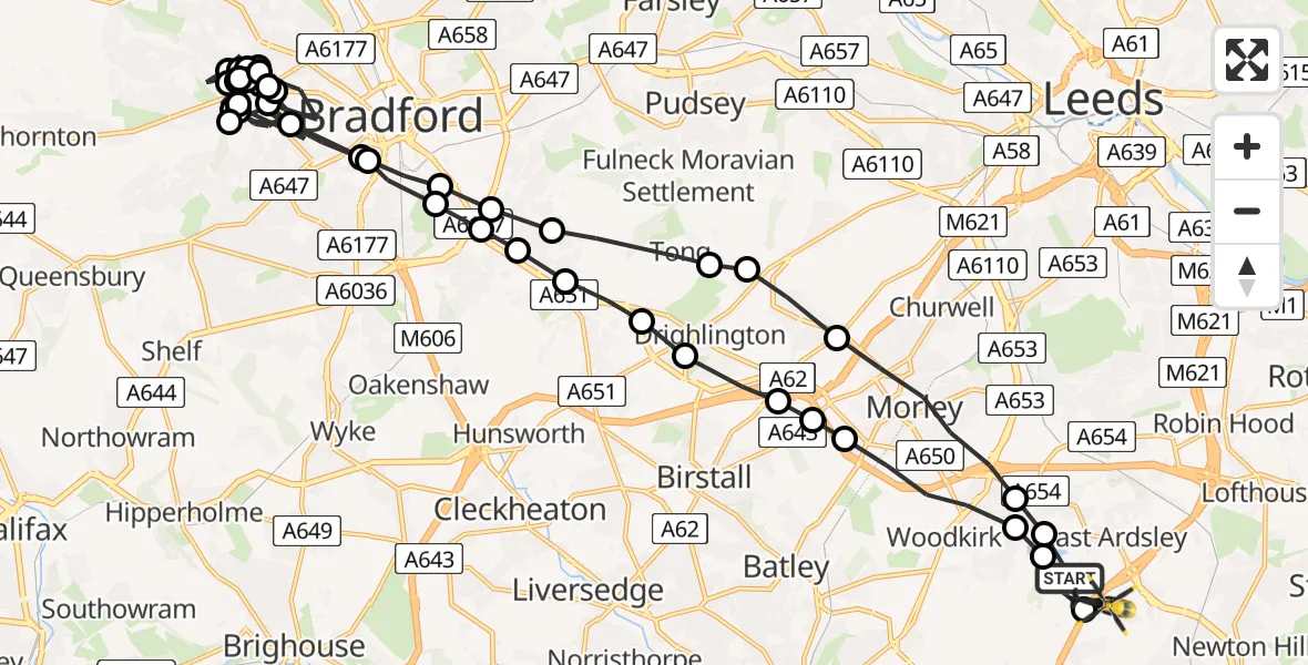 Flight path map showing Police Helicopter route from East Ardsley to Wrenthorpe