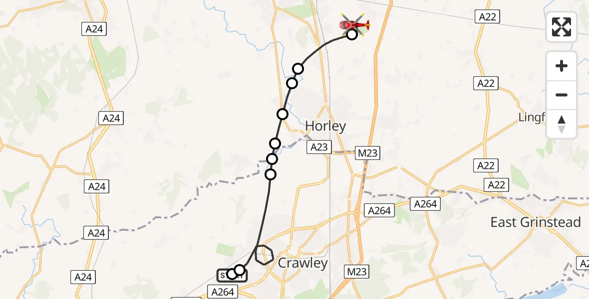 Flight path map showing Air Ambulance Helicopter route from Crawley to Redhill Aerodrome