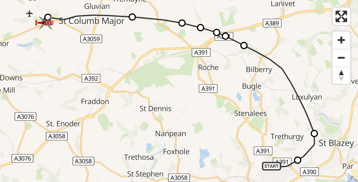 Flight route Air Ambulance Helicopter St. Austell - Cornwall Airport Newquay, 20 April 2026, 17:26