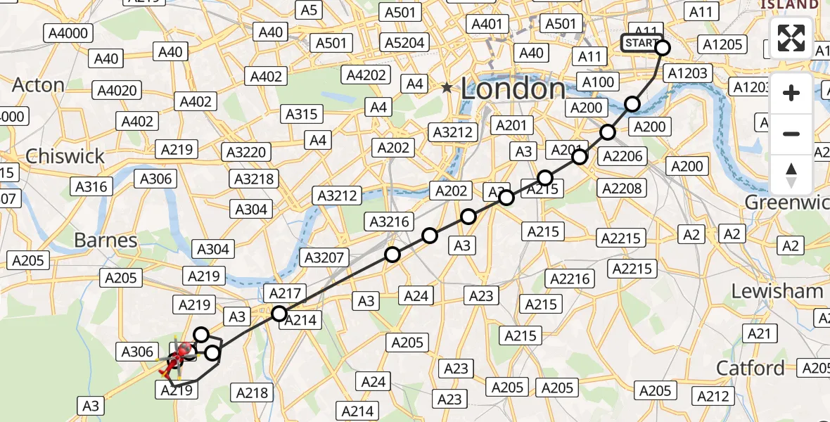 Flight route Air Ambulance Helicopter Royal London Hospital - Putney, 20 April 2026, 17:27