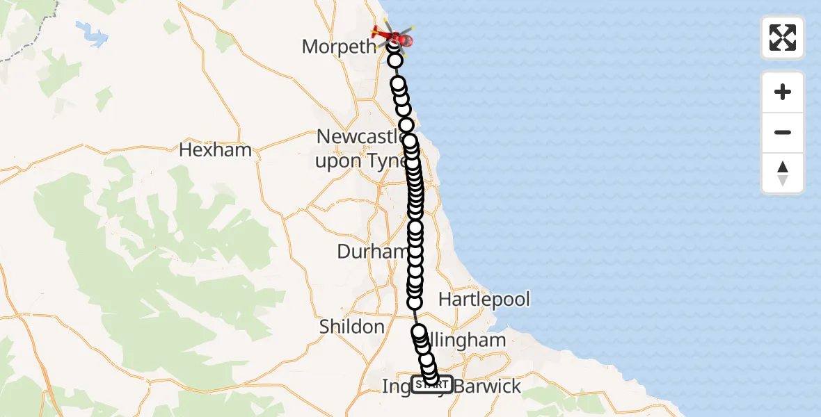 Flight path map showing Air Ambulance Helicopter route from Egglescliffe to Newbiggin by the Sea