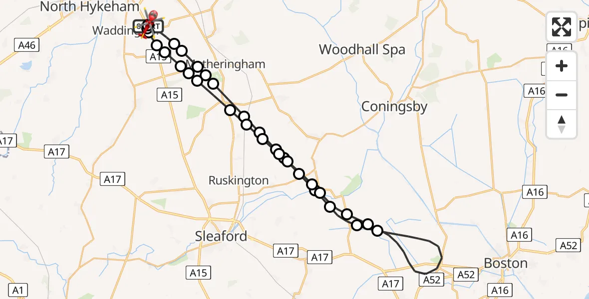 Flight route Air Ambulance Helicopter RAF Waddington - North Kesteven, 20 April 2026, 17:35