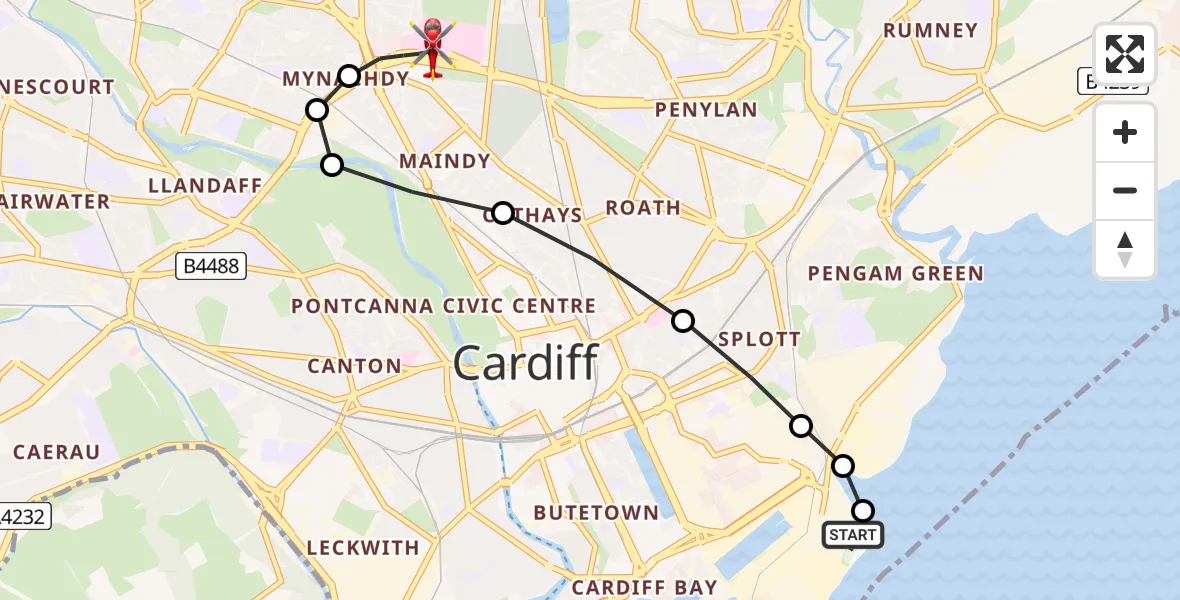 Flight path map showing Air Ambulance Helicopter route from Cardiff Heliport to Mynachdy