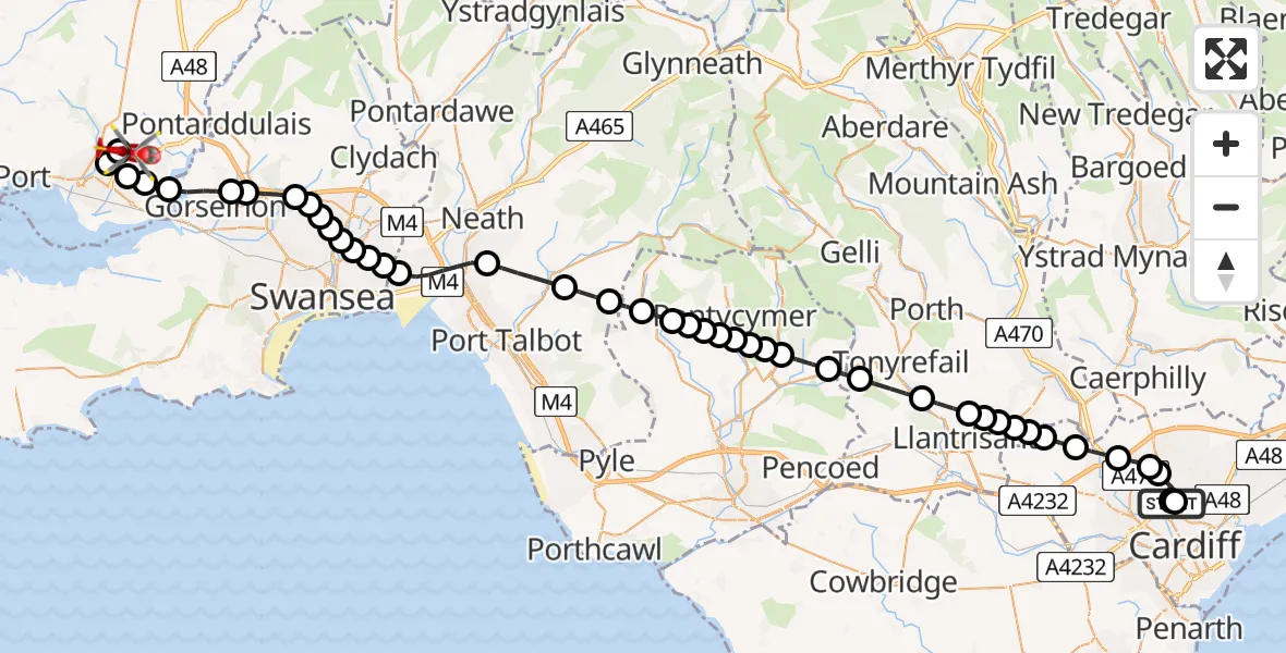 Flight path map showing Air Ambulance Helicopter route from Birchgrove to Dafen