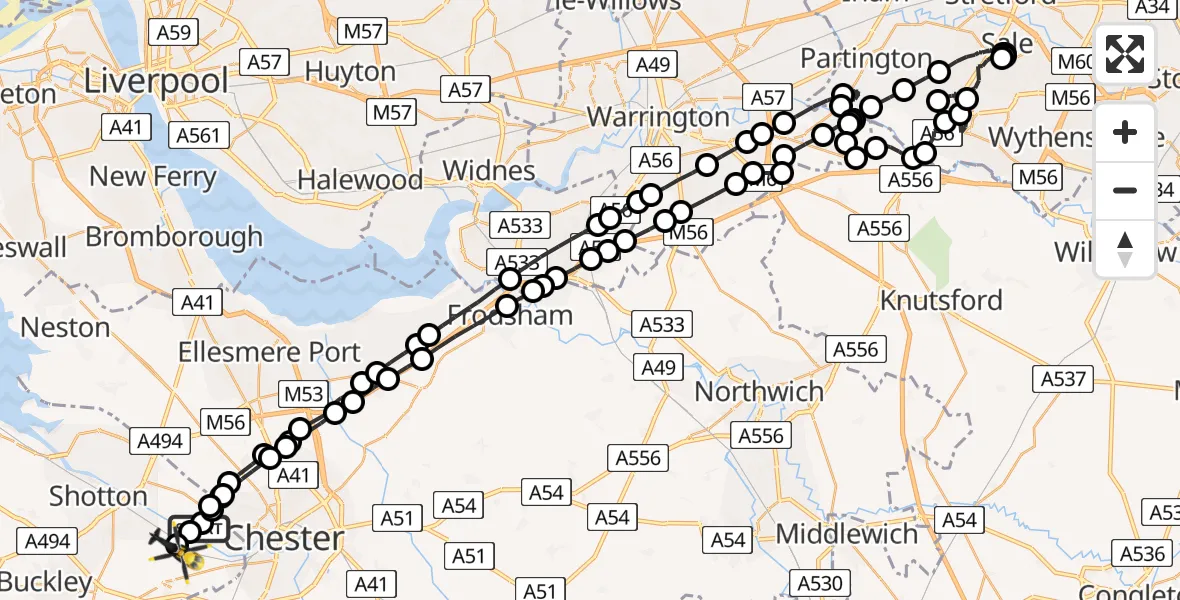 Flight path map showing Police Helicopter route from Sealand to Hawarden Airport