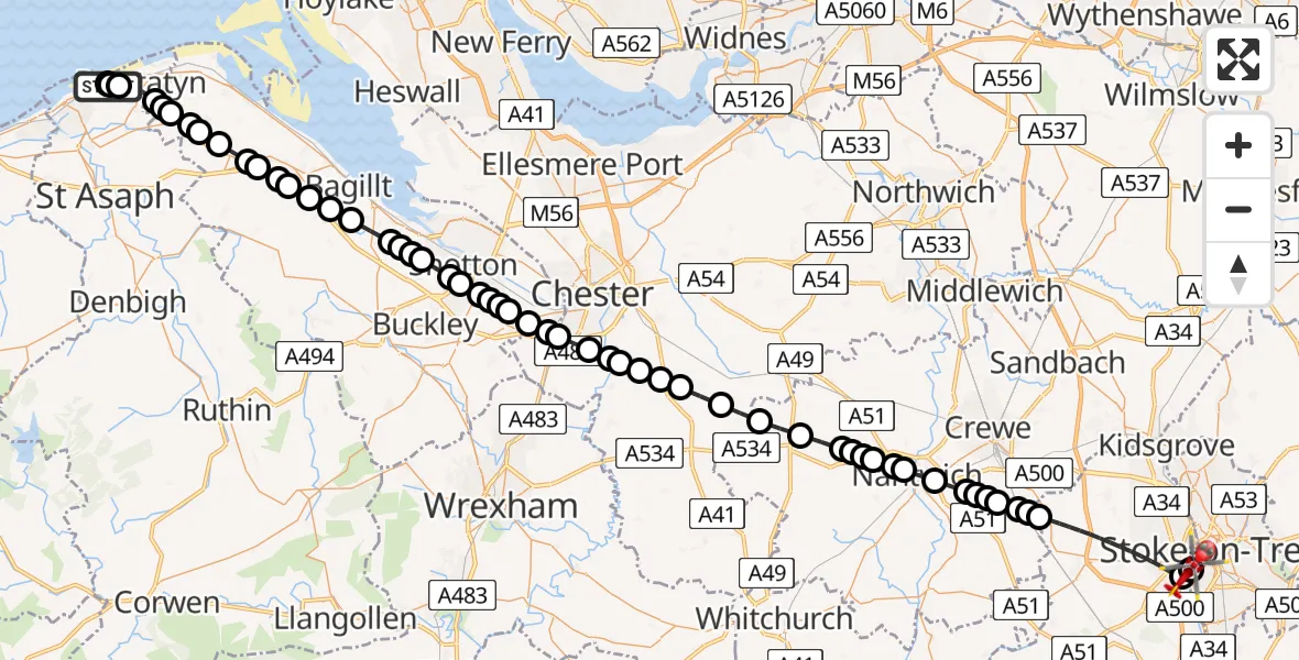 Flight route Air Ambulance Helicopter St Asaph - University Hospital North Staffs, 20 April 2026, 18:11