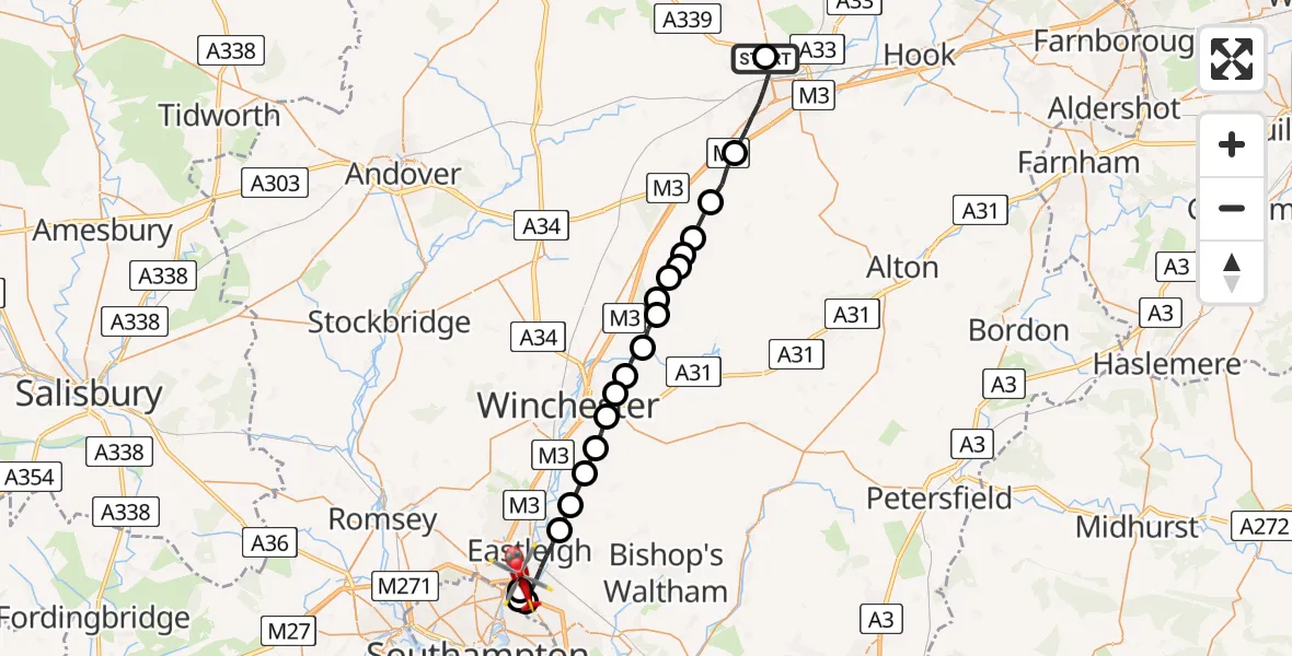 Flight route Air Ambulance Helicopter North Hampshire Hospital - Southampton Airport, 20 April 2026, 18:12