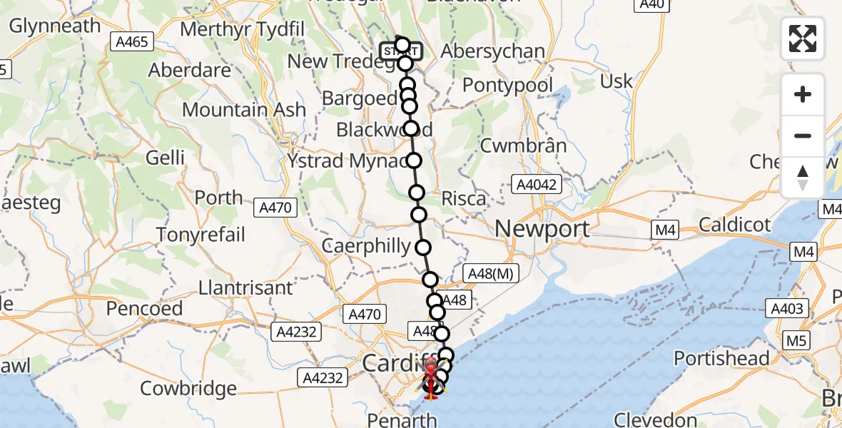 Flight route Air Ambulance Helicopter Cwm - Cardiff Heliport, 20 April 2026, 18:14