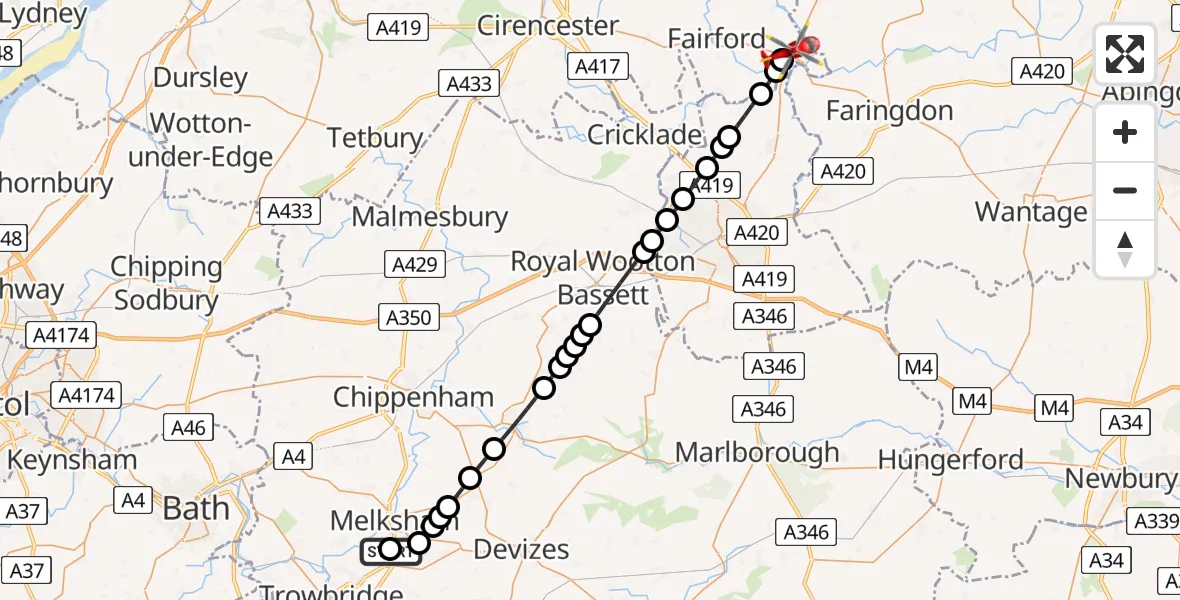 Flight path map showing Air Ambulance Helicopter route from Wiltshire Air Ambulance to Lechlade