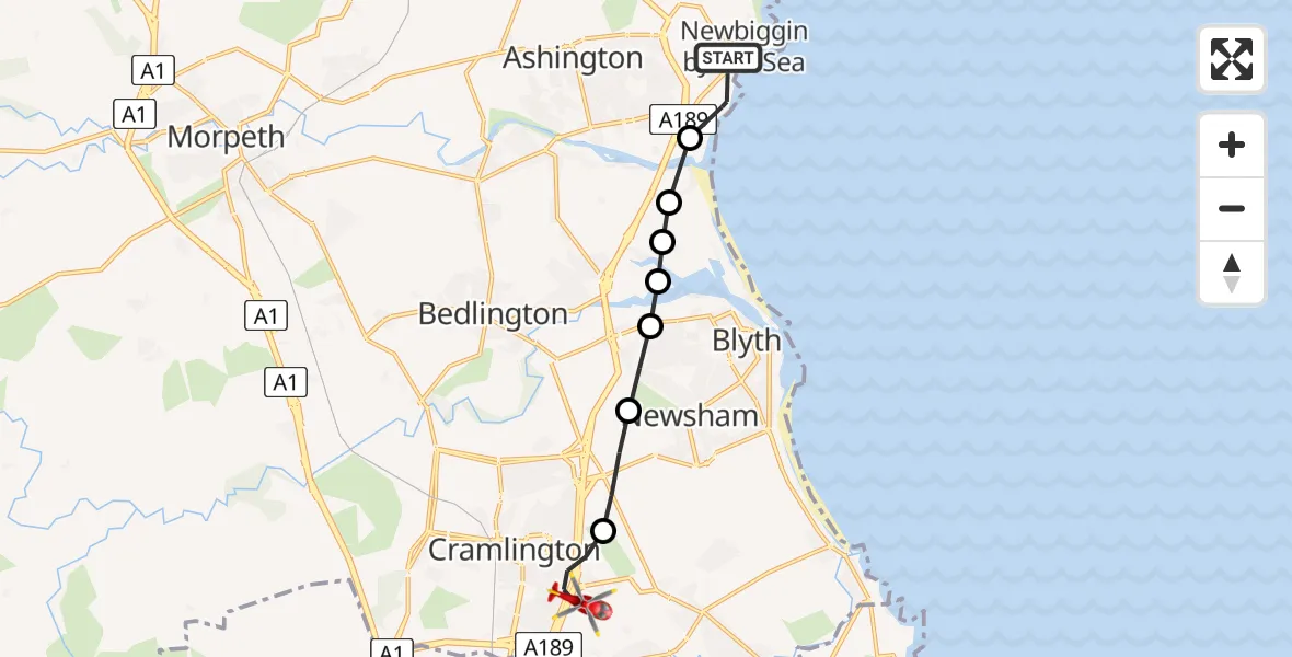 Routekaart van de vlucht: Air Ambulance Helicopter to Cramlington, Northumbria Way
