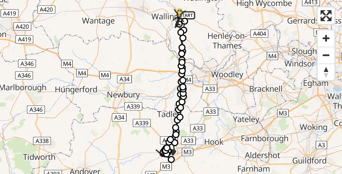 Flight path map showing Police Helicopter route from Benson to Crowmarsh Gifford
