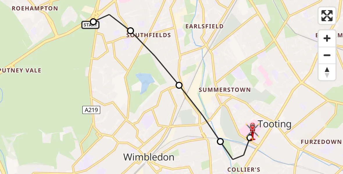 Flight route Air Ambulance Helicopter Roehampton - St Georges Hospital, 20 April 2026, 18:25