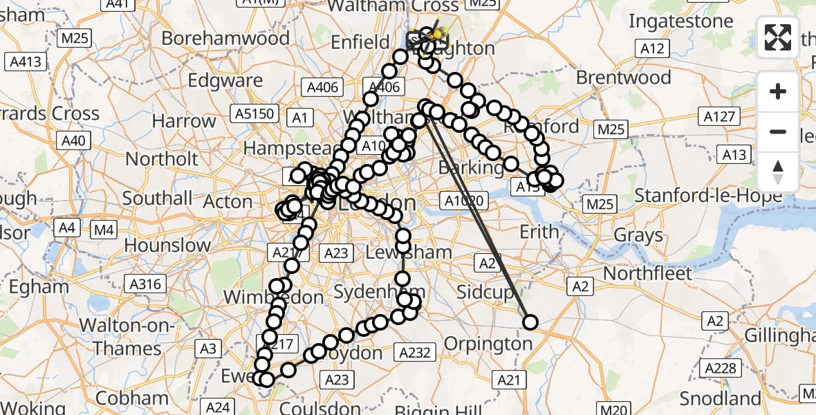 Flight route Police Helicopter Metropolitan Police Air Support Unit Lippitts Hill - Metropolitan Police Air Support Unit Lippitts Hill, 20 April 2026, 18:39