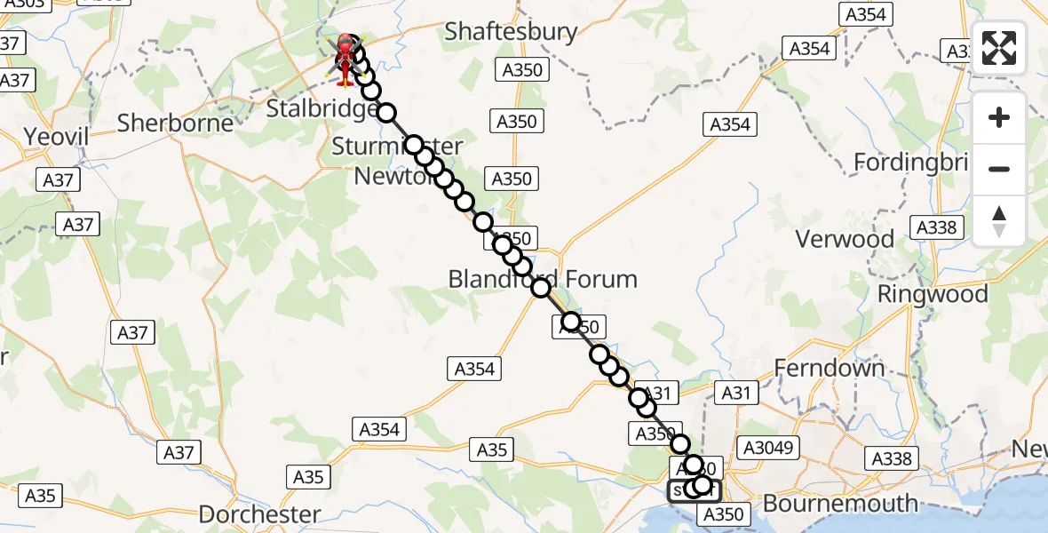 Flight path map showing Air Ambulance Helicopter route from Poole to Henstridge Airfield